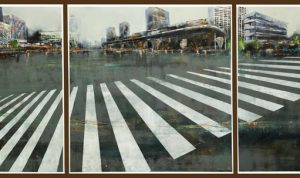 Karya perupa Zamrud Setya Negara dengan judul Toleransi Kota, Sekitaran Grand Indonesia Jakarta (135x300cm (3 panel) dengan media cat akrilik pada kanvas, 2025.*//Foto istimewa