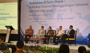 Seminar Nasional bertajuk “Kedaulatan di Garis Depan: Kebijakan Nasional Penanggulangan Spionase dan Intervensi Asing” yang diselenggarakan ASEAN Study Center (ASC) Fakultas Ilmu Sosial dan Ilmu Politik Universitas Indonesia (FISIP UI) di Hotel JW Marriott, Mega Kuningan, Jakarta Selatan, Kamis (27/8/2026).//Foto istimewa