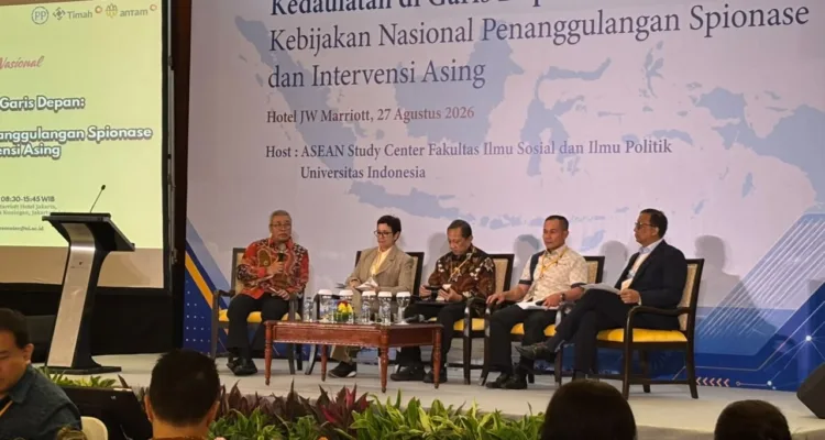 Seminar Nasional bertajuk “Kedaulatan di Garis Depan: Kebijakan Nasional Penanggulangan Spionase dan Intervensi Asing” yang diselenggarakan ASEAN Study Center (ASC) Fakultas Ilmu Sosial dan Ilmu Politik Universitas Indonesia (FISIP UI) di Hotel JW Marriott, Mega Kuningan, Jakarta Selatan, Kamis (27/8/2026).//Foto istimewa